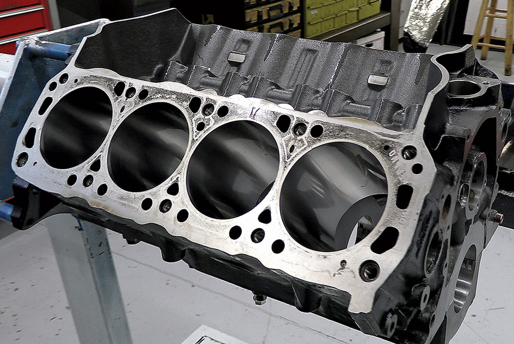 Engine block prepared for assembly with bore machining and precision detailing