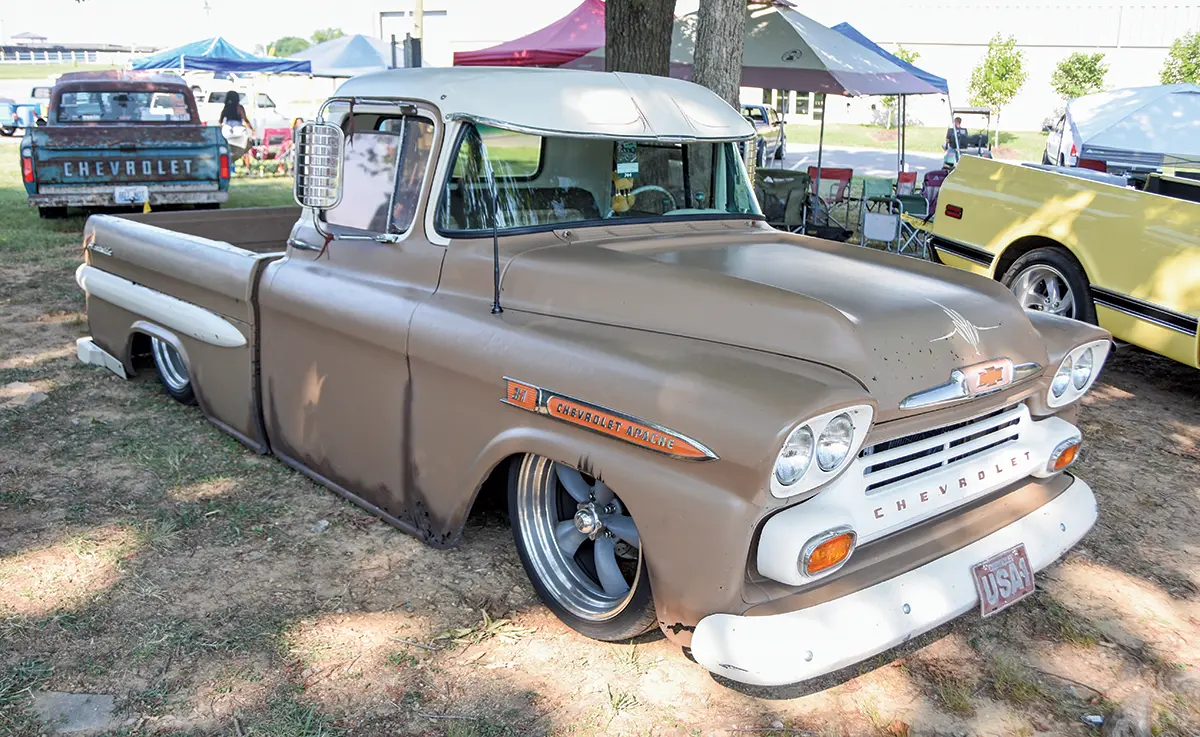 1959 Chevrolet Apache with a rat rod vibe, featuring a matte brown finish and a lowered stance