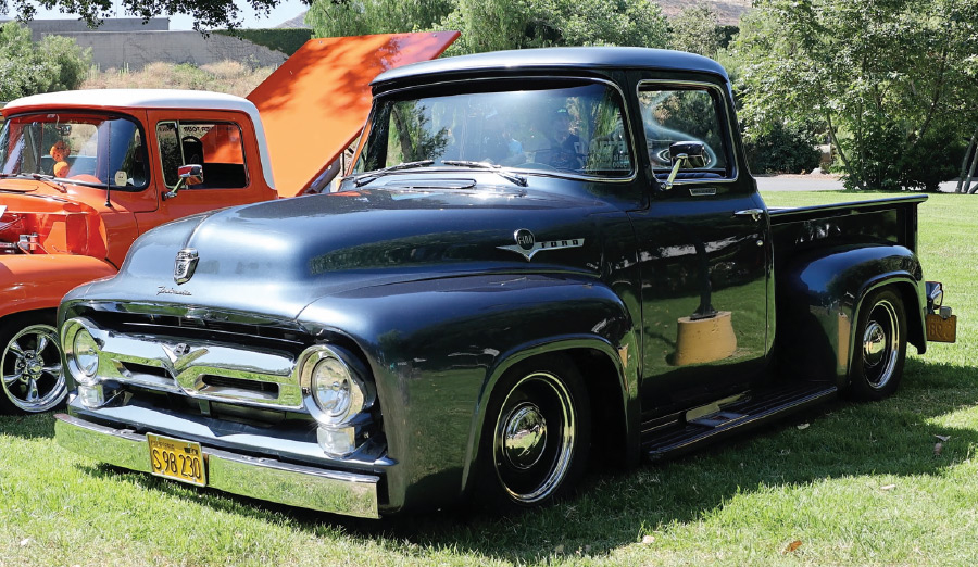 Midnight blue 1956 Ford F100 with a classic chrome grille
