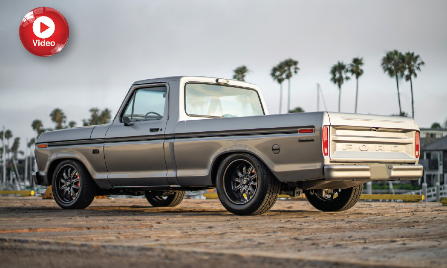 Side view of a 1974 Ford F-100 showcasing a lowered profile and a Customline badge