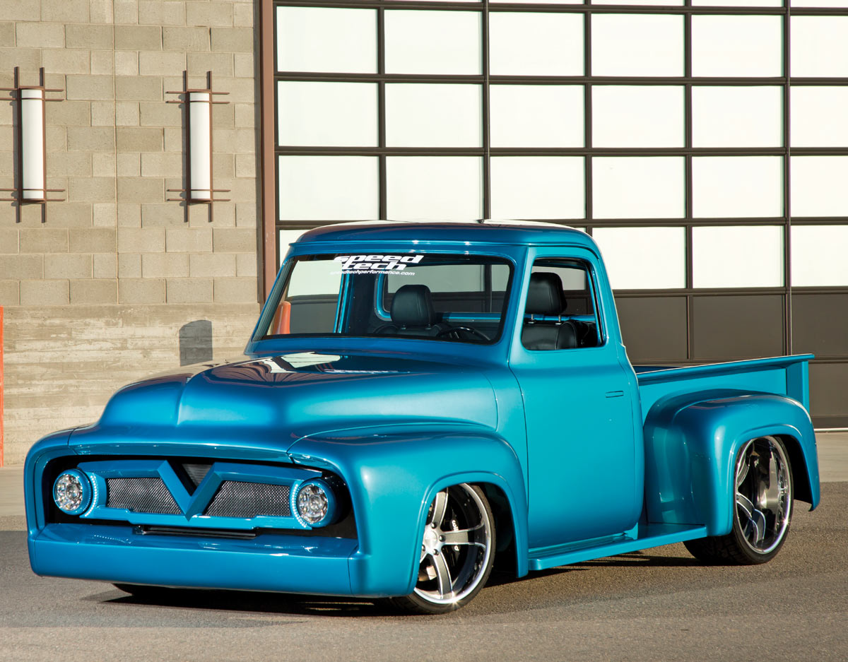 Front view of the Ford F100, with a custom grille and a lowered stance