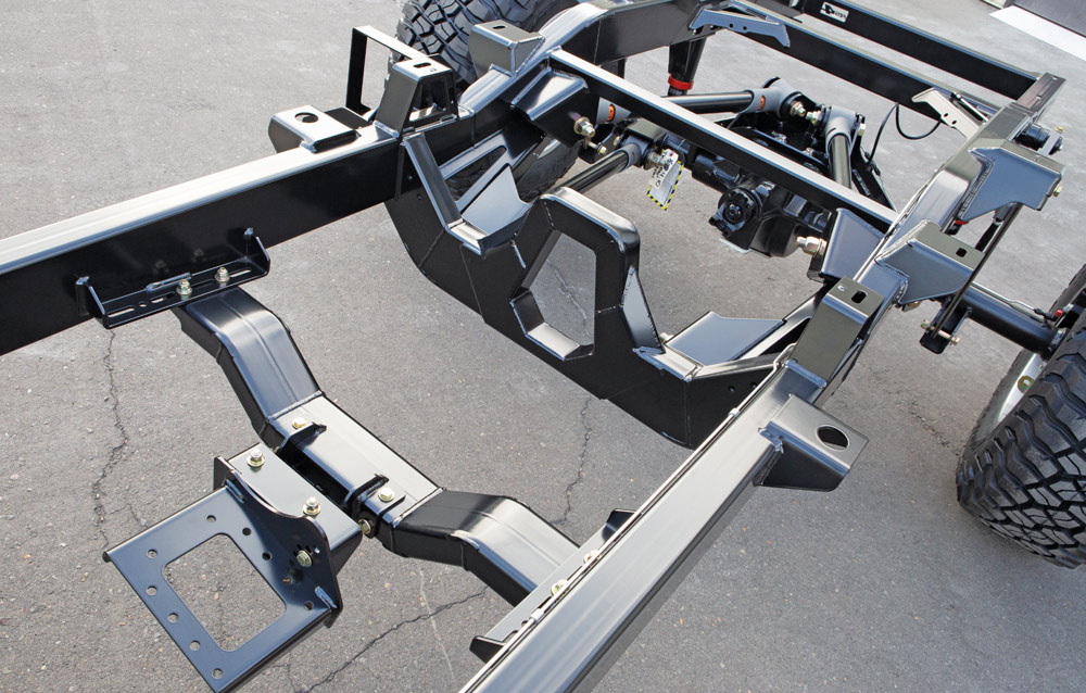 Frame view of a Chevy K10 showing reinforced mounting points and suspension brackets