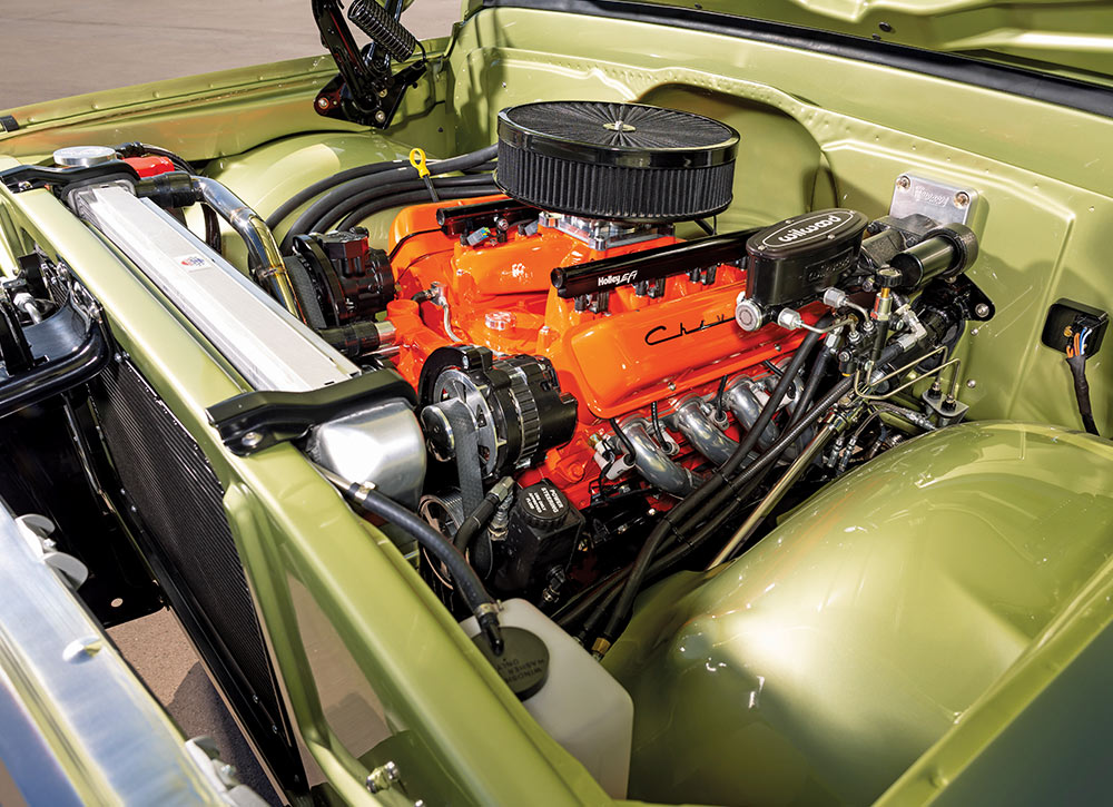 restored K5 Blazer engine with bright orange Chevy V8