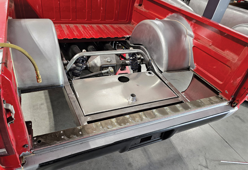 View of fuel cell enclosure and rear suspension setup in Chevy OBS truck