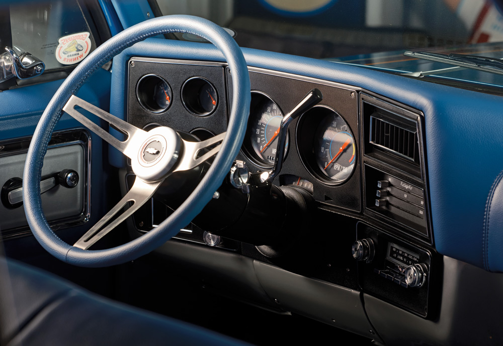 1979 Chevy Crew Cab dashboard blue interior classic gauges Vintage Air controls retro style