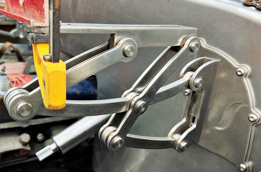 Hinge mechanism installed firewall custom linkage brushed stainless fabrication vintage car build