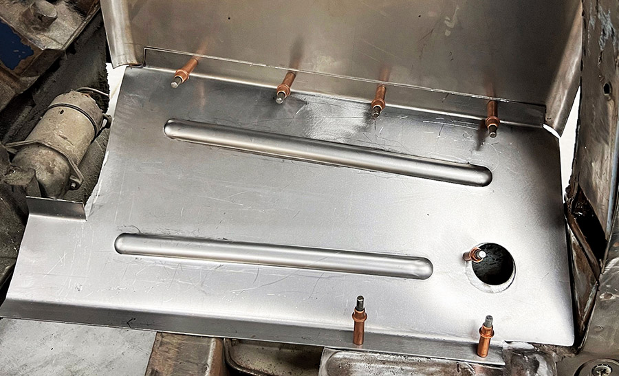 Custom firewall transmission tunnel fabrication TIG welding progress vintage car engine bay