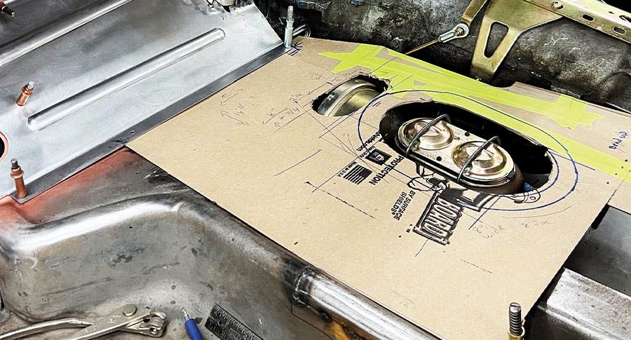 Cardboard template master cylinder cutout design transmission tunnel vintage car fabrication