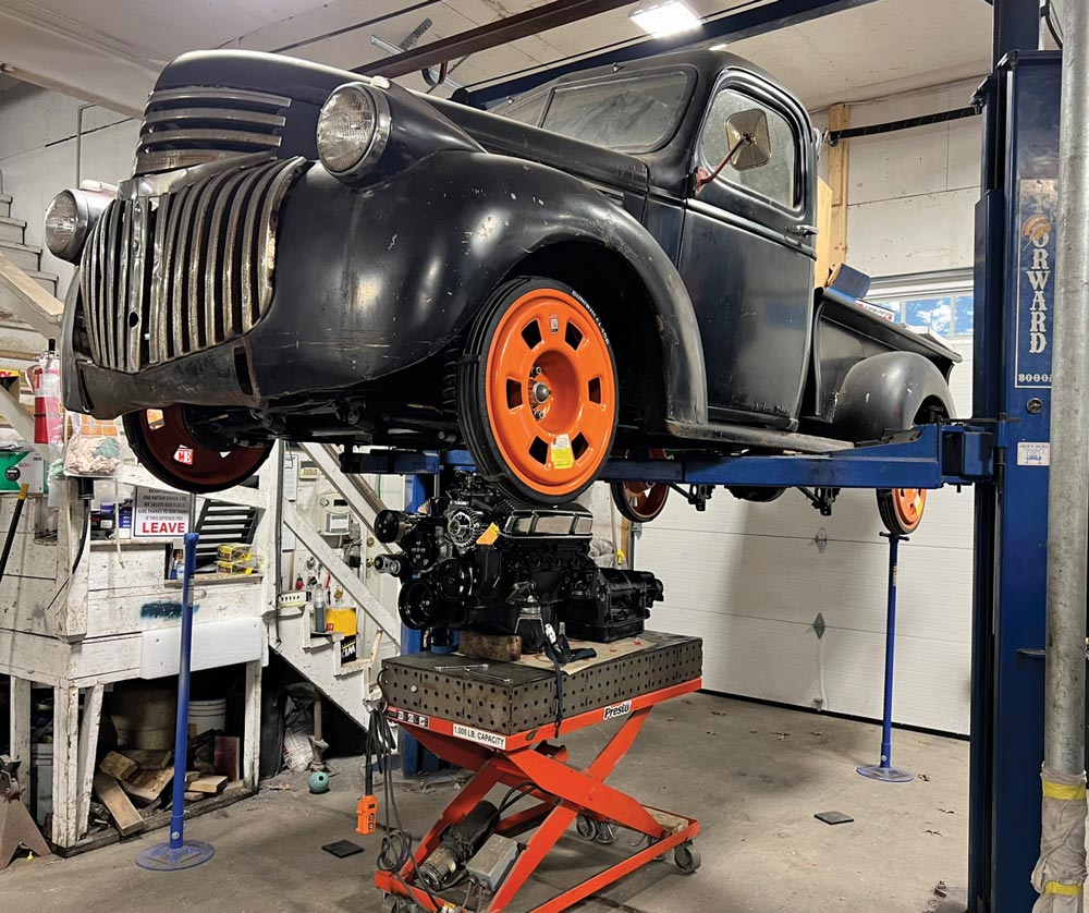 1946 Chevy body panels reinstalled, inside on lift