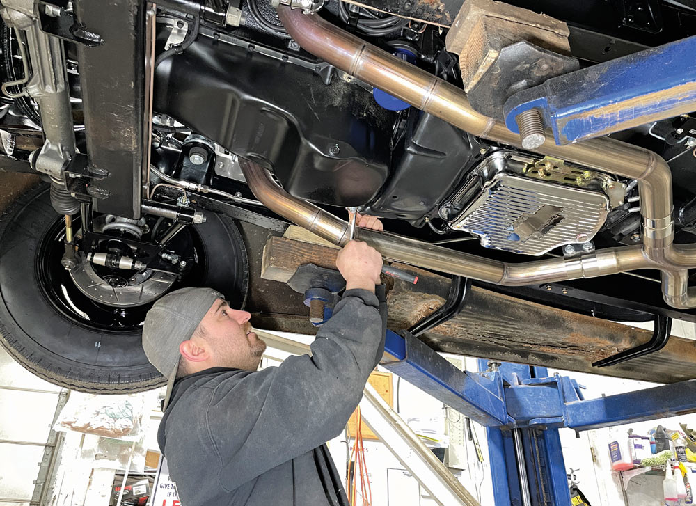 1946 Chevy working on bottom of transmission