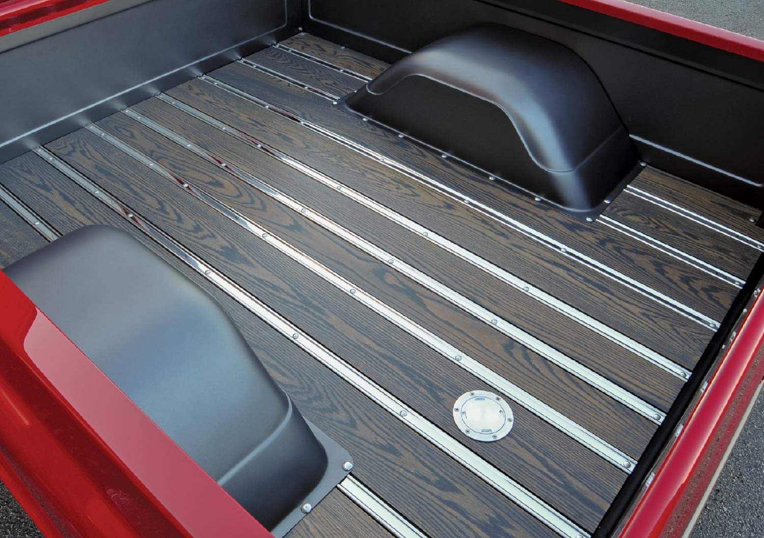 1967 Chevy C10 truck bed dark wood polished metal luxury finish