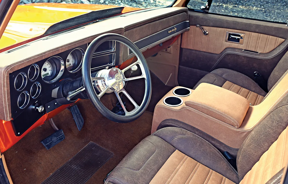 1974 Chevrolet C10 custom interior two-tone tan brown billet steering wheel retro gauges