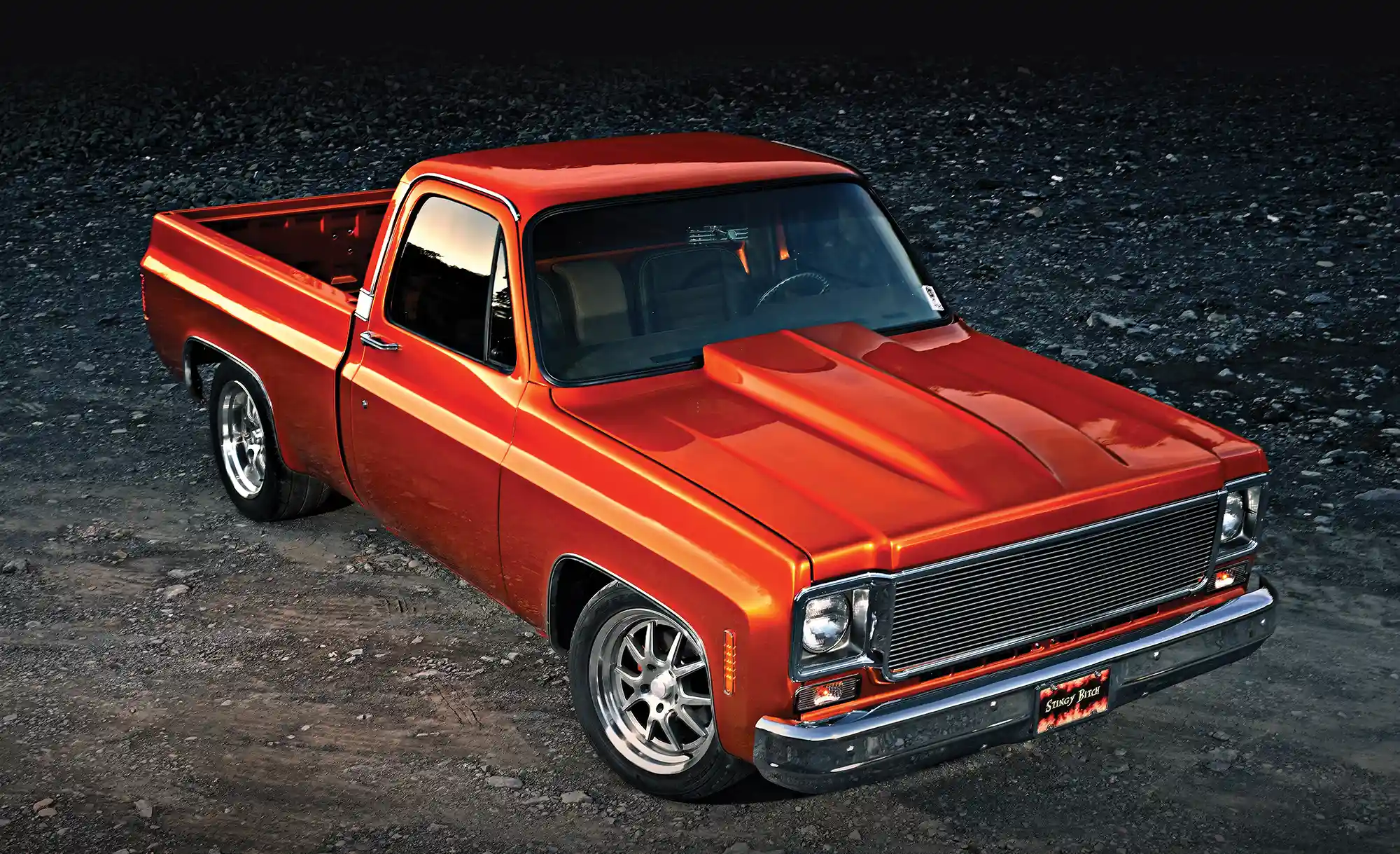 1974 Chevrolet C10 front view custom grille cowl hood aggressive stance hot rod truck