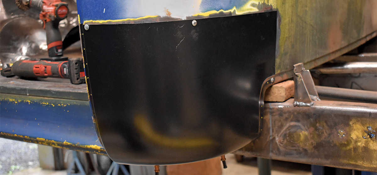 Test-fitting the replacement cab corner panel before final welding