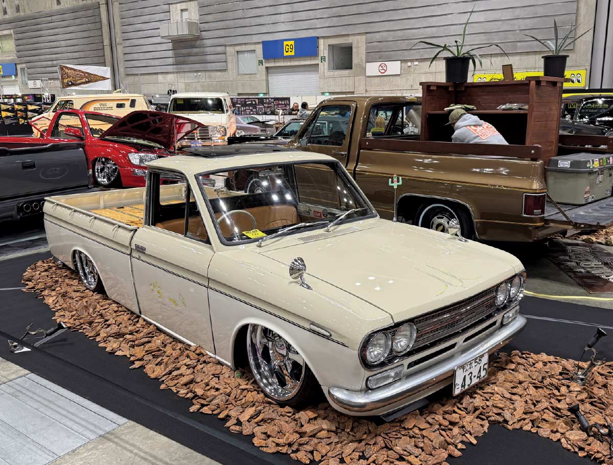 1960s Datsun 520 mini-truck – Slammed, patina white with deep-dish chrome wheels