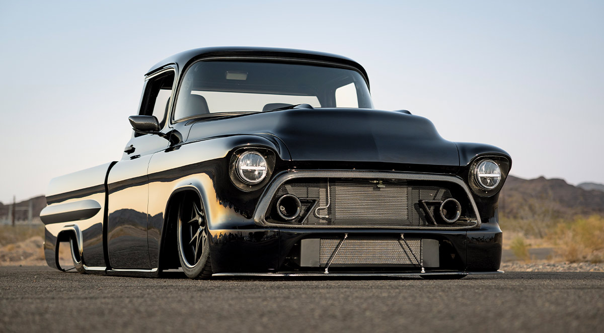 1957 Chevy restomod truck supercharged LS engine polished intake billet accessories