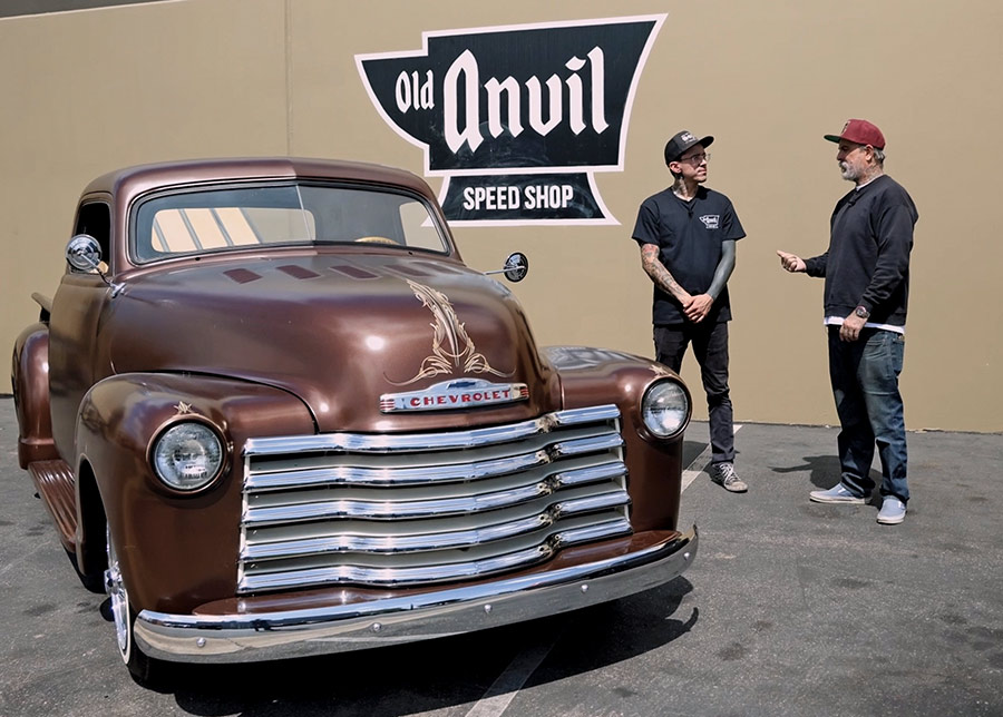 Custom 1948 Chevrolet truck outside Old Anvil Speed Shop after installation