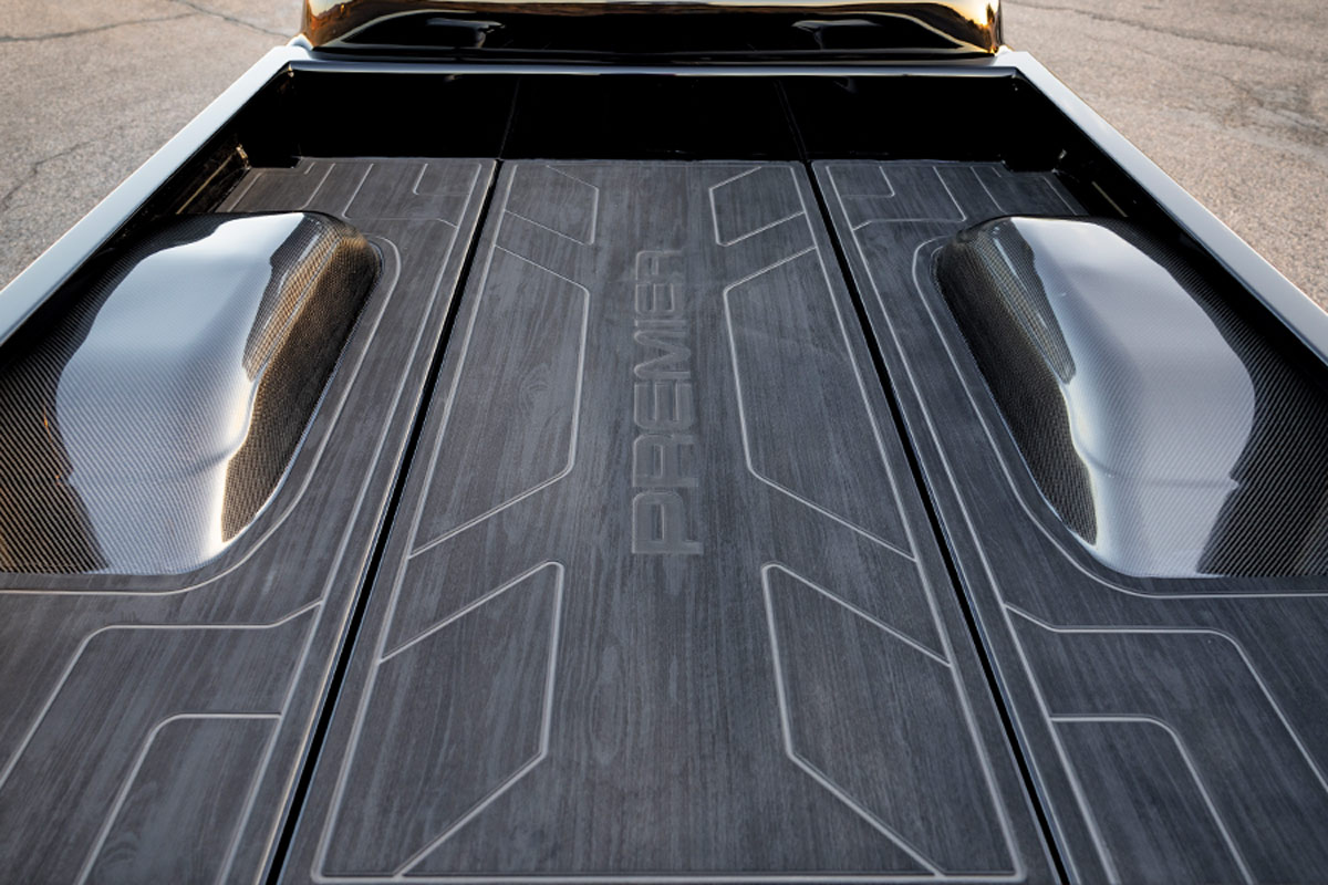 1957 Chevy pickup truck custom bed carbon fiber wheel tubs hidden storage panels