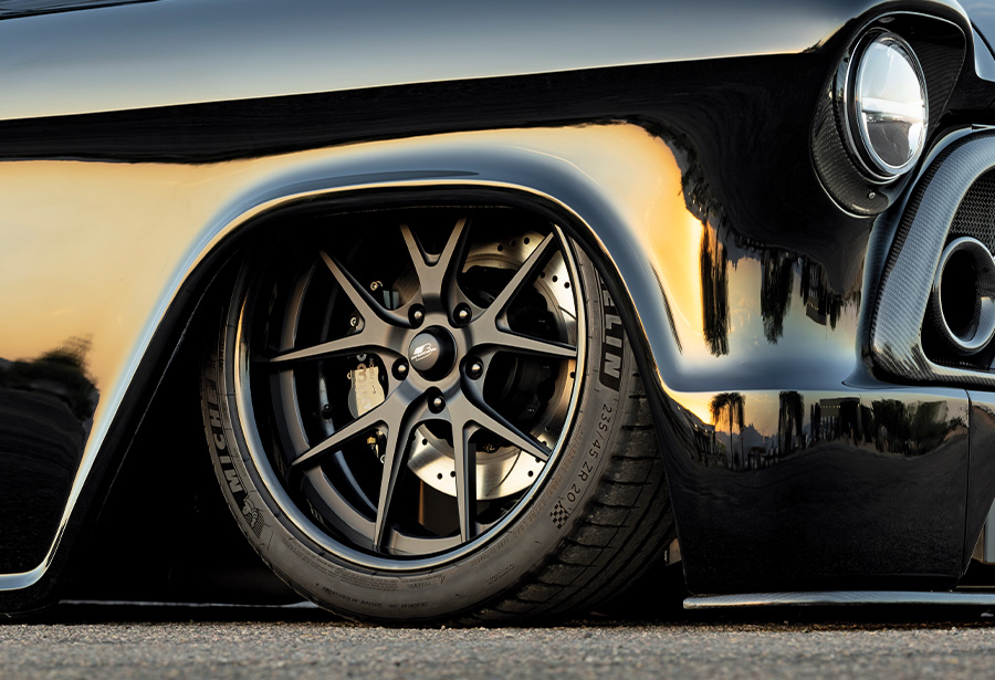 1957 Chevy truck deep-dish wheels Michelin tires carbon fiber fender trim