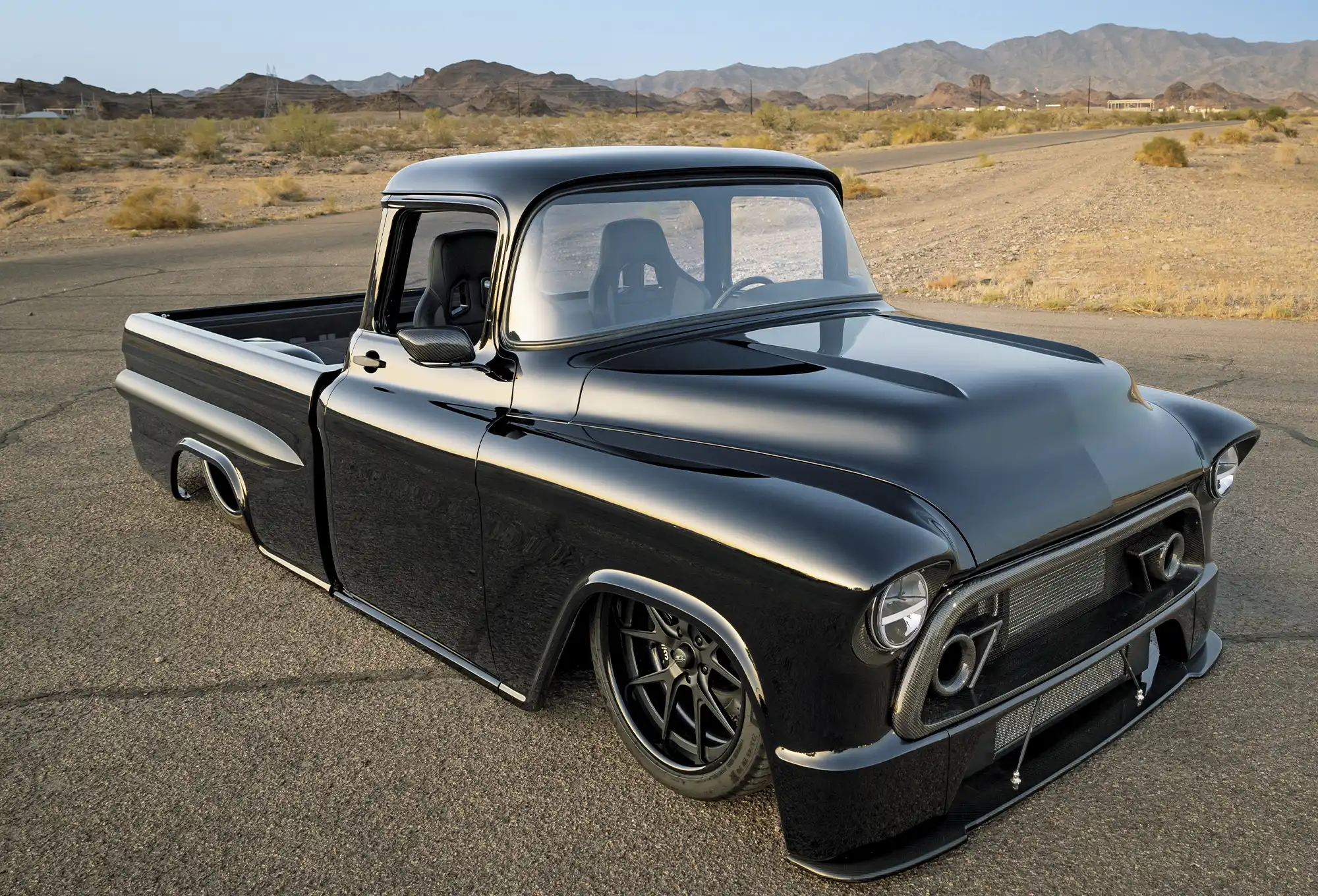 1957 Chevy custom truck black paint modern aero aggressive front end race vents