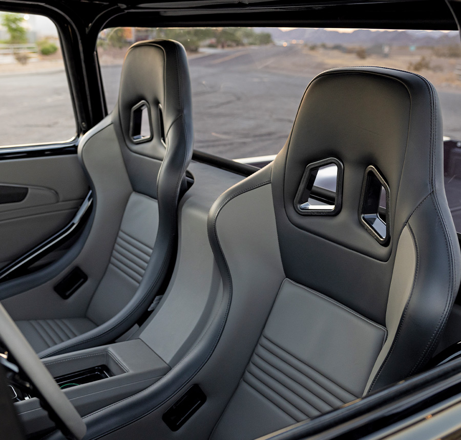 1957 Chevy truck racing bucket seats custom interior black and gray upholstery