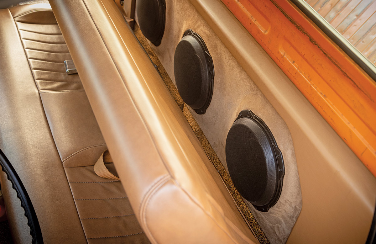 Custom speaker system behind seat 1973 Chevy C10 interior