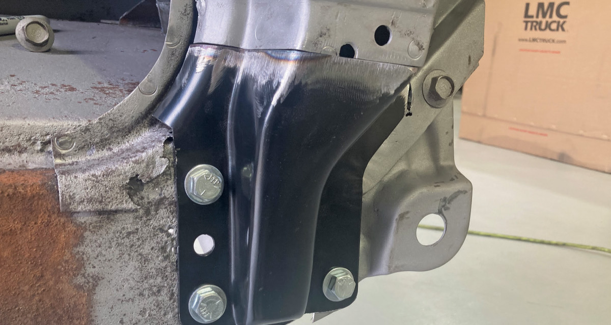 Replacement A-pillar support panel bolted into place for final installation