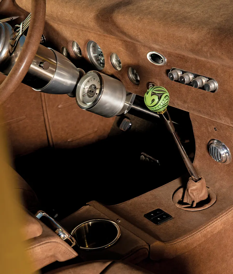 1952 Chevrolet 3100 center console with a custom shifter and retro-style gauges