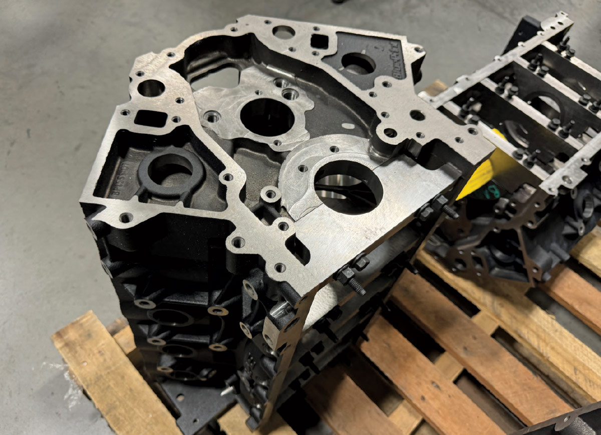 Raw LS block front view, showing fresh machine work and oil galley passages, prepped for final assembly