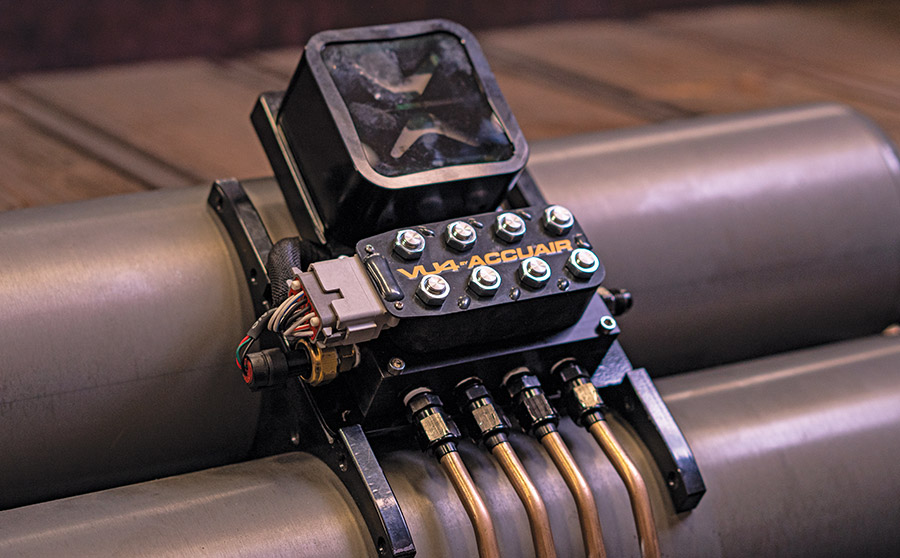 VU4 by AccuAir manifold finished and mounted between air tanks with complete wiring and plumbing