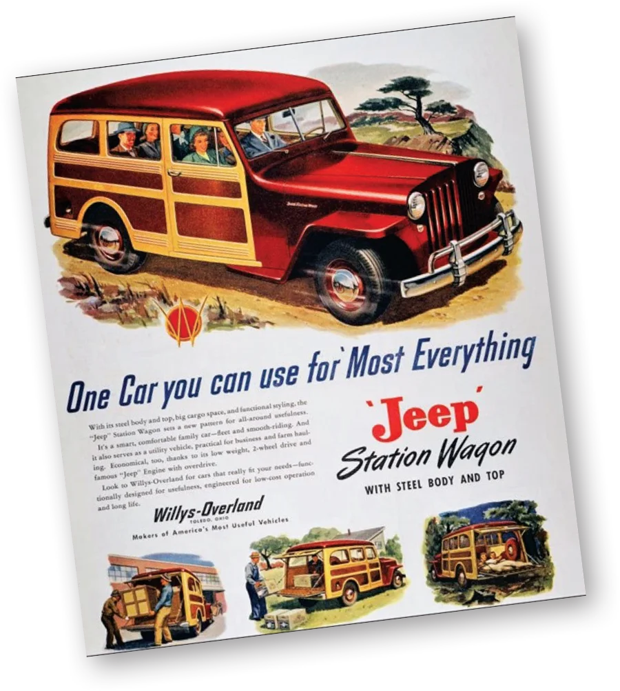 1950 Willys Jeep Station Wagon vintage advertisement steel body utility