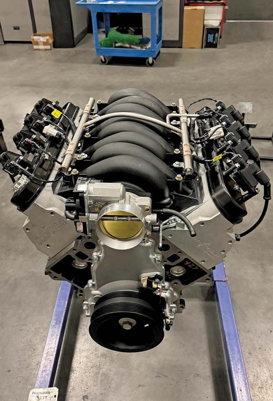 Top-down angle of intake, showing cathedral-port high-rise intake and dual fuel rails on the LS platform