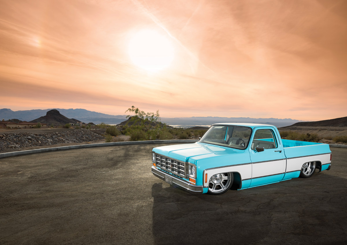 1973 Chevy C10 classic truck custom wheels scenic sunset location
