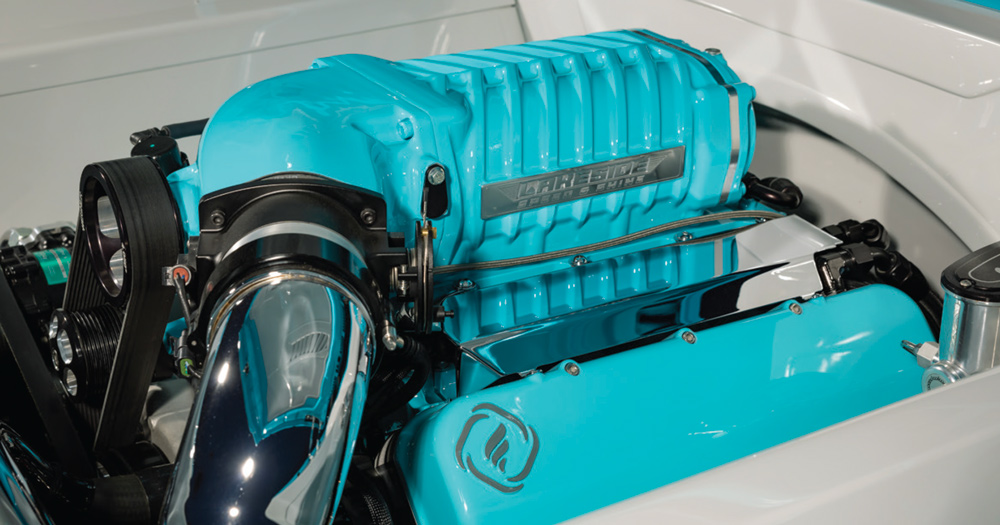 1973 Chevy C10 close-up Whipple supercharger turquoise finish LARIS valve covers