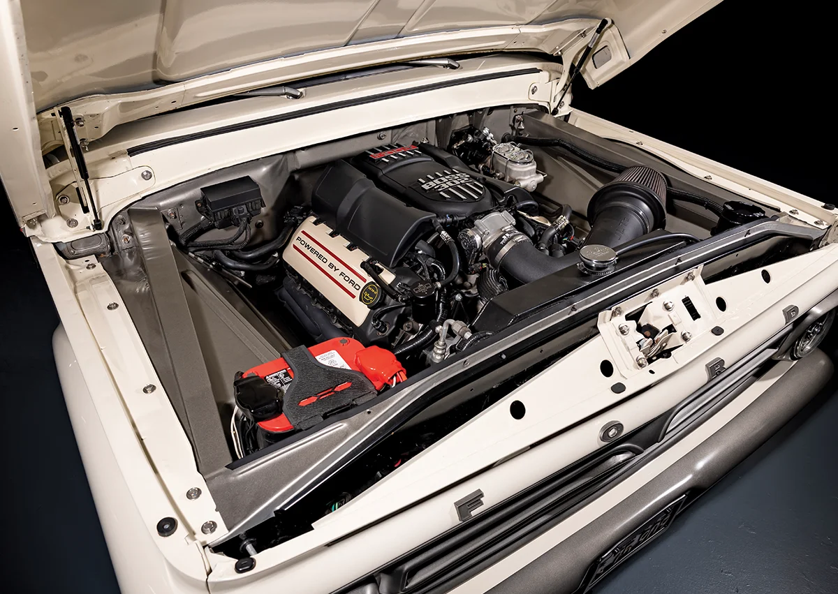 1966 Ford F-100 engine bay 5.0L Coyote Boss 302 swap