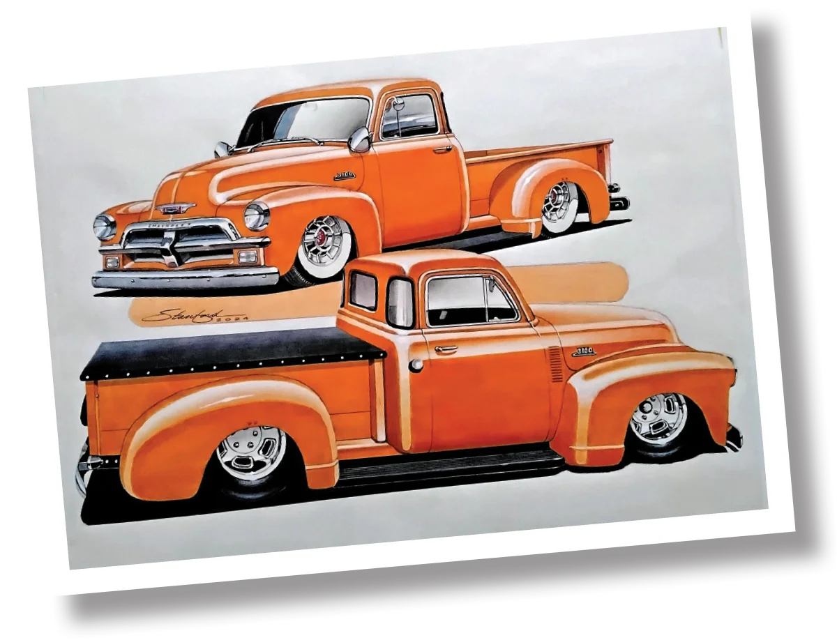 1954 Chevy 3100 custom rendering concept art lowered truck design Stanland 2024 illustration