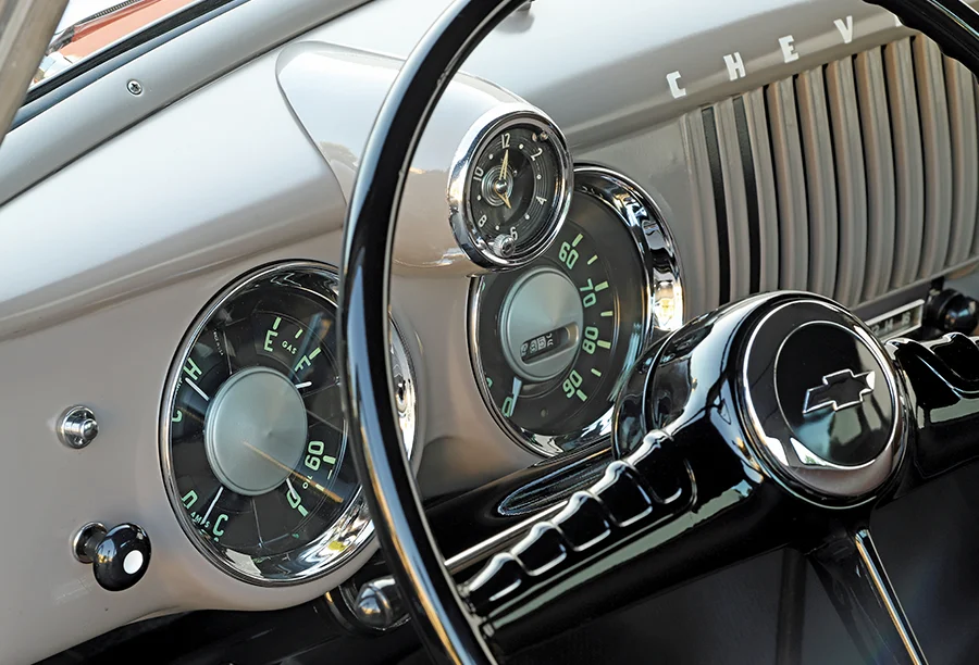 1954 Chevy 3100 dash close-up vintage gauges steering wheel classic truck interior