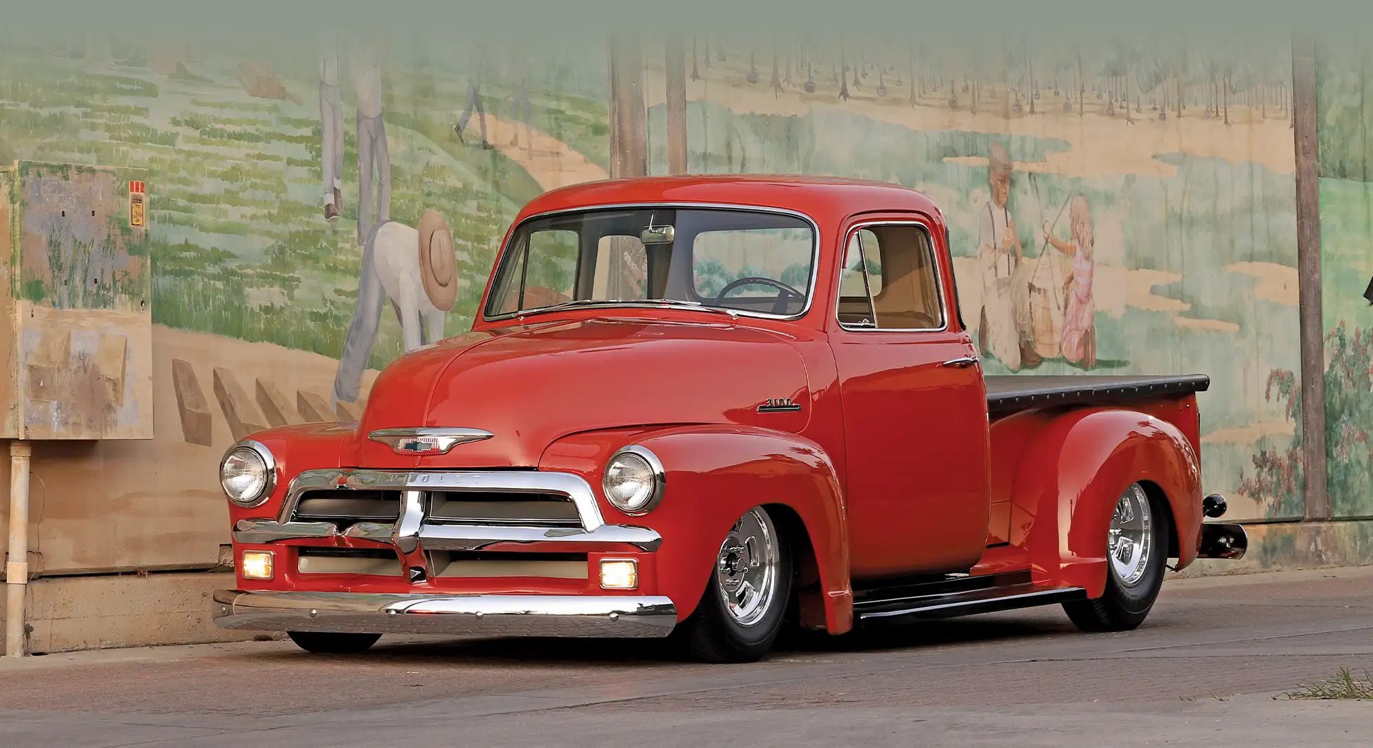 1954 Chevrolet 3100 lowrider classic truck front view slammed stance chrome grille