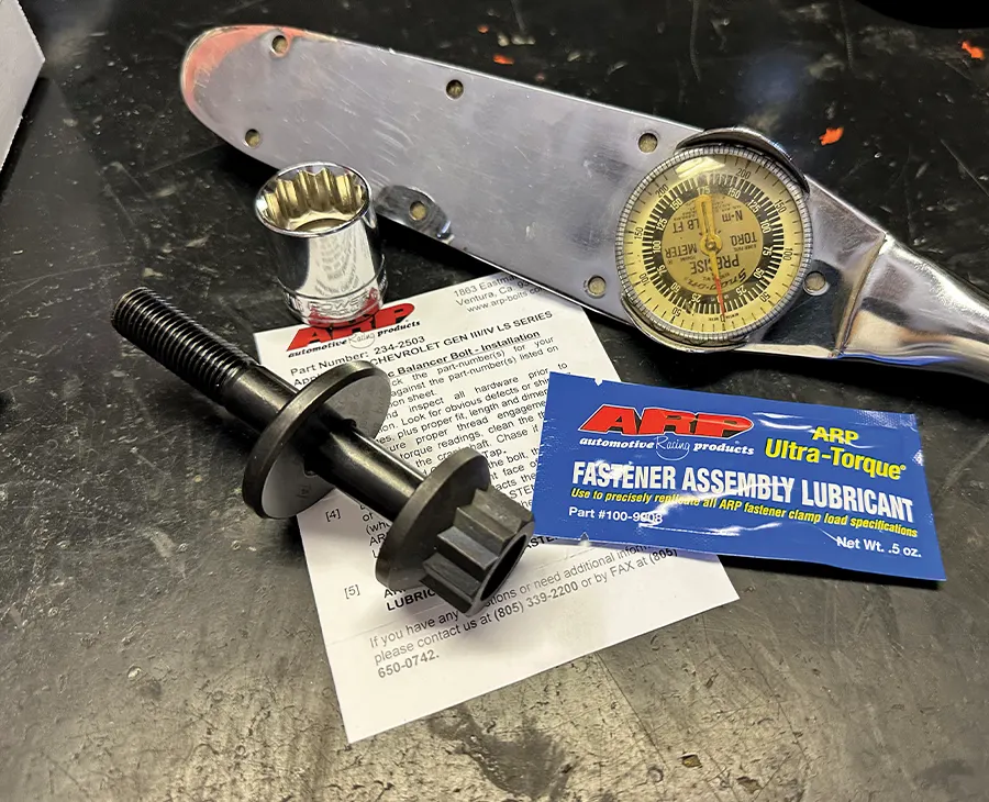 ARP Gen IV LS balancer bolt kit prepped with Ultra-Torque lube and dial torque wrench