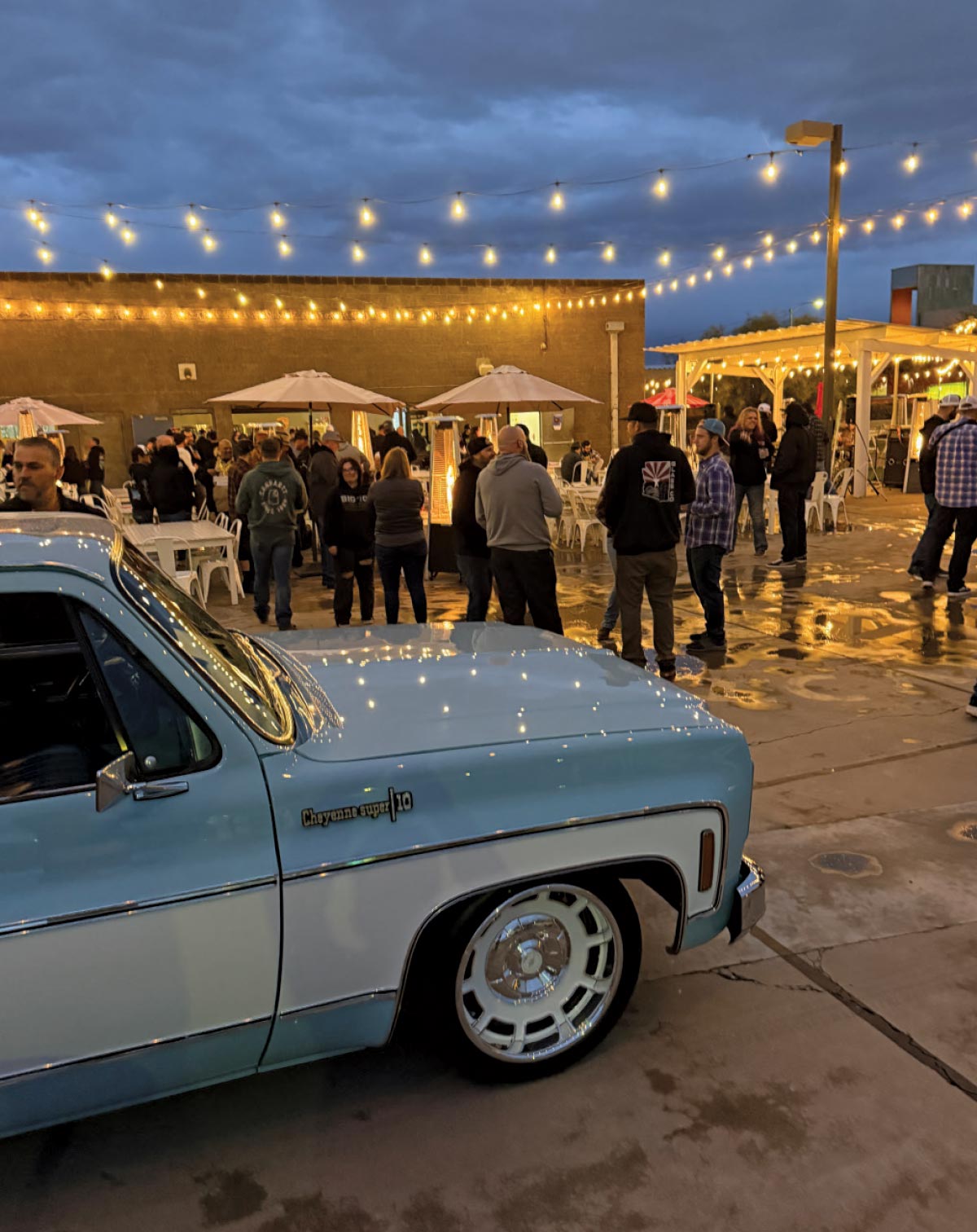 1973–1974 Chevrolet Cheyenne Super 10 spotted at night meet with polished billet wheels