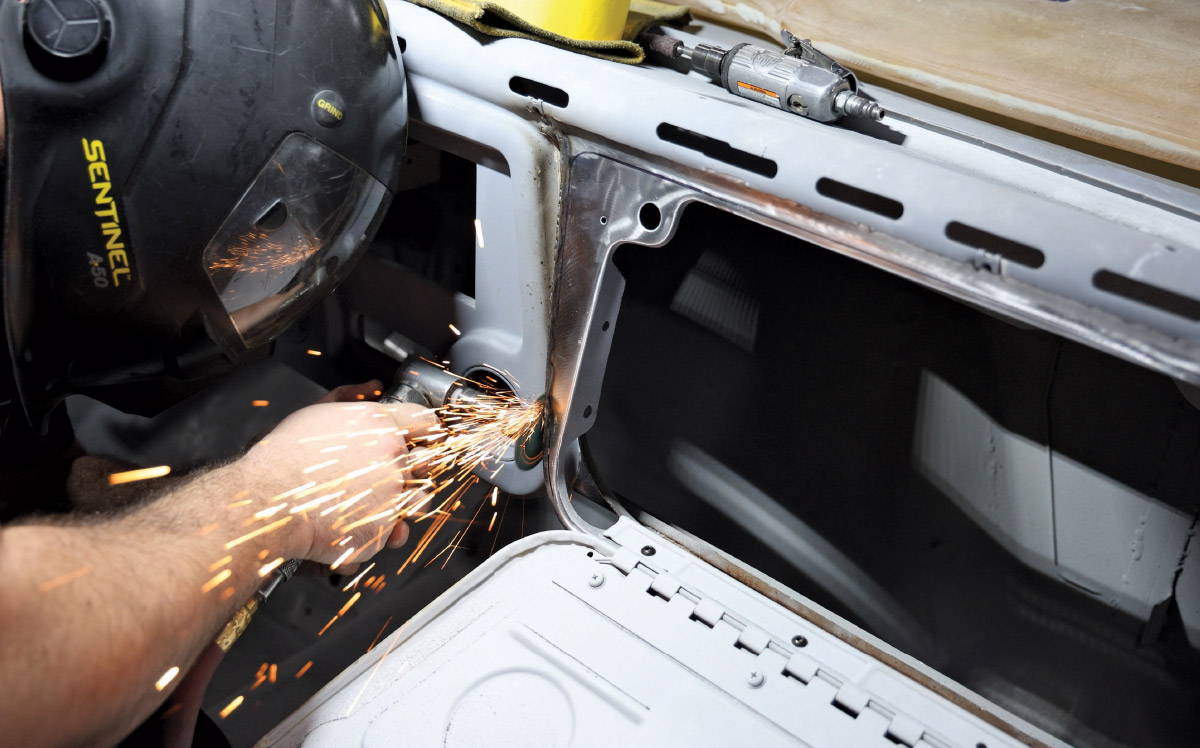 grinding welds smooth for seamless c10 dash corner mod