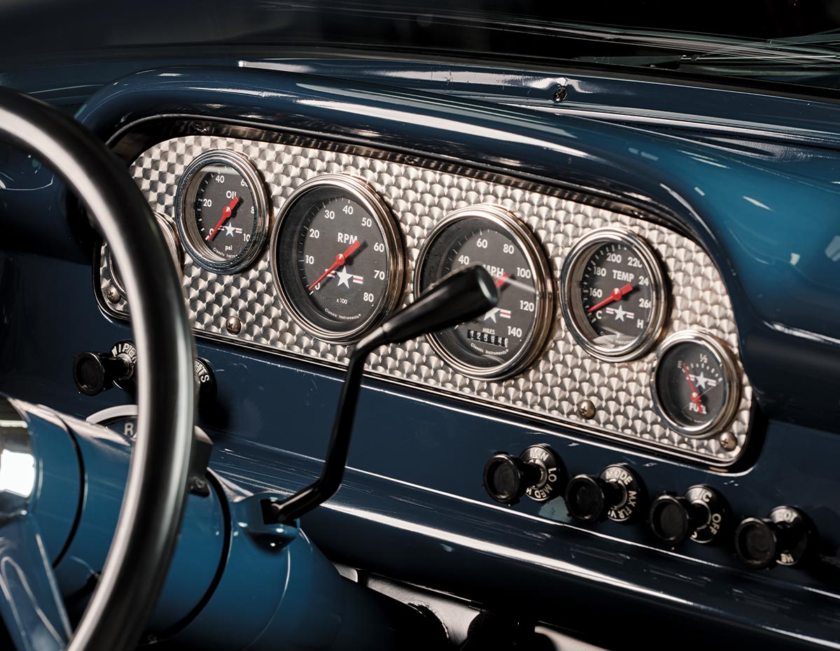 1960 Ford truck dash Classic Instruments gauge cluster engine-turned bezel blue interior restoration