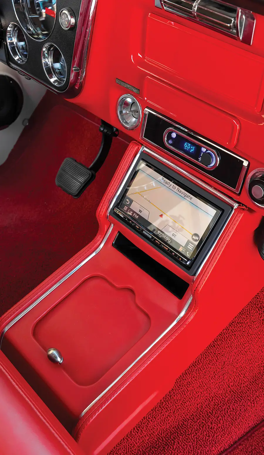 1972 Chevy C10 custom center console red leather navigation screen retro AC digital climate control