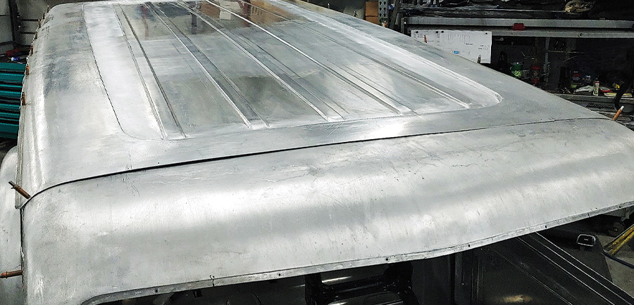 1938 Divco aluminum roof skin test-fitted to body with clecos installed