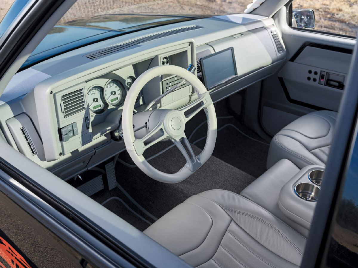 1993 Chevy OBS smoothed dash custom white steering wheel digital screen billet trim gray leather