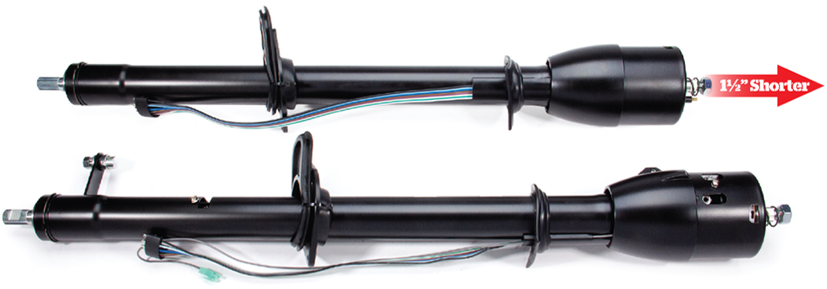 Comparison of a shortened premium steering column and a standard OE-style steering column.