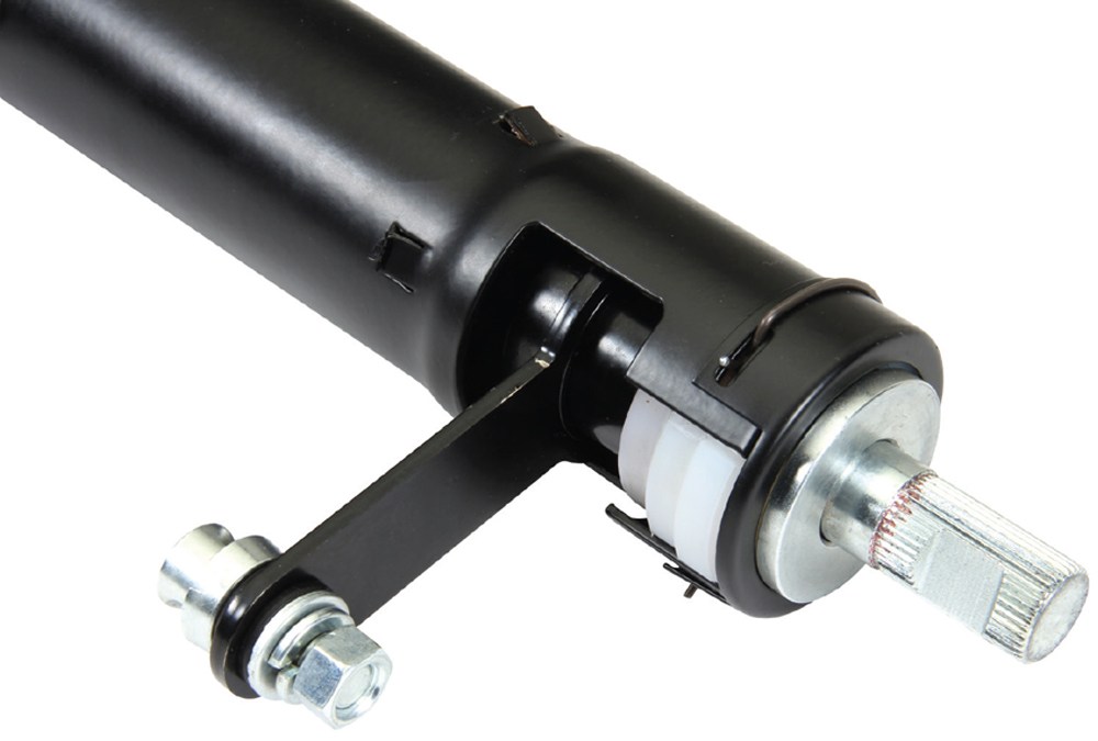 Steering column showing the 3/4-inch, 36-spline steering shaft and stock-style shift rod linkage pivot.