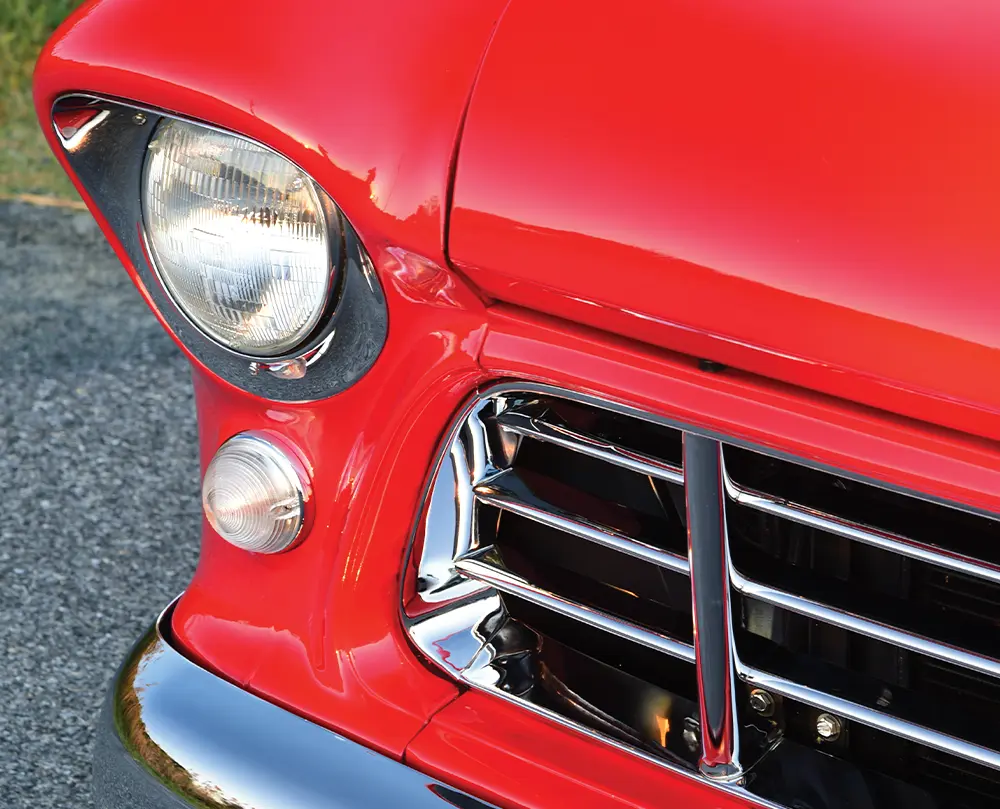 1955 chevy truck front clip detail chrome bumper grille and headlight bezel