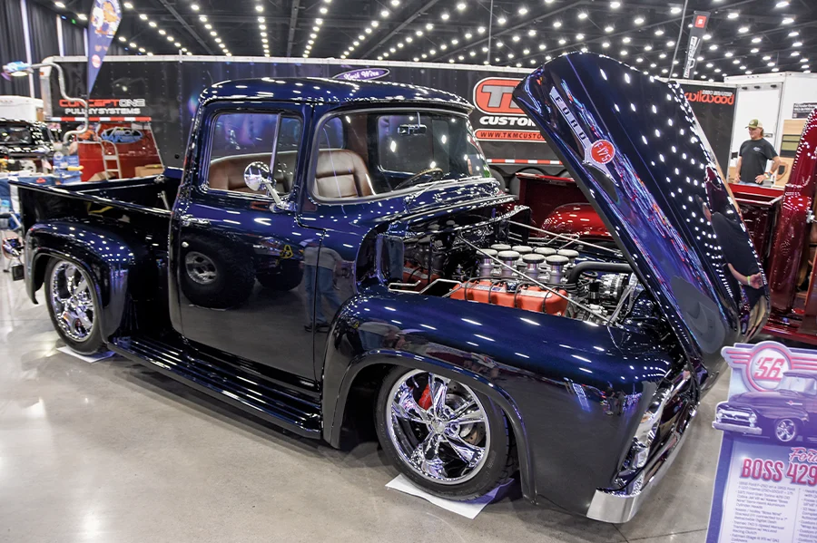 1956 ford f100 dark blue show truck boss 429 engine indy stack injection chrome wheels