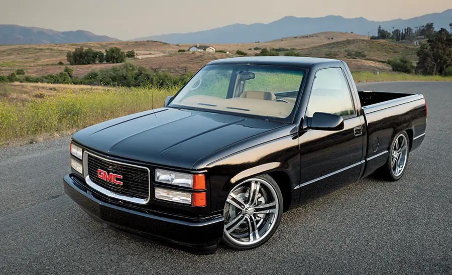 1996 gmc obs front quarter view lowered black truck smooth bodylines and billet wheels